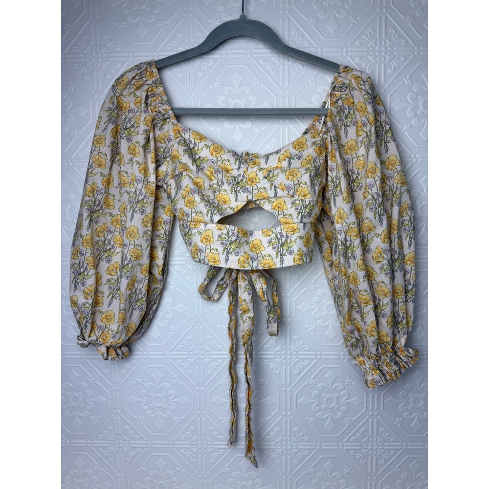 Yellow Floral Milkmaid Crop Top Cottagecore Coquette Puff Sleeve Tie Front